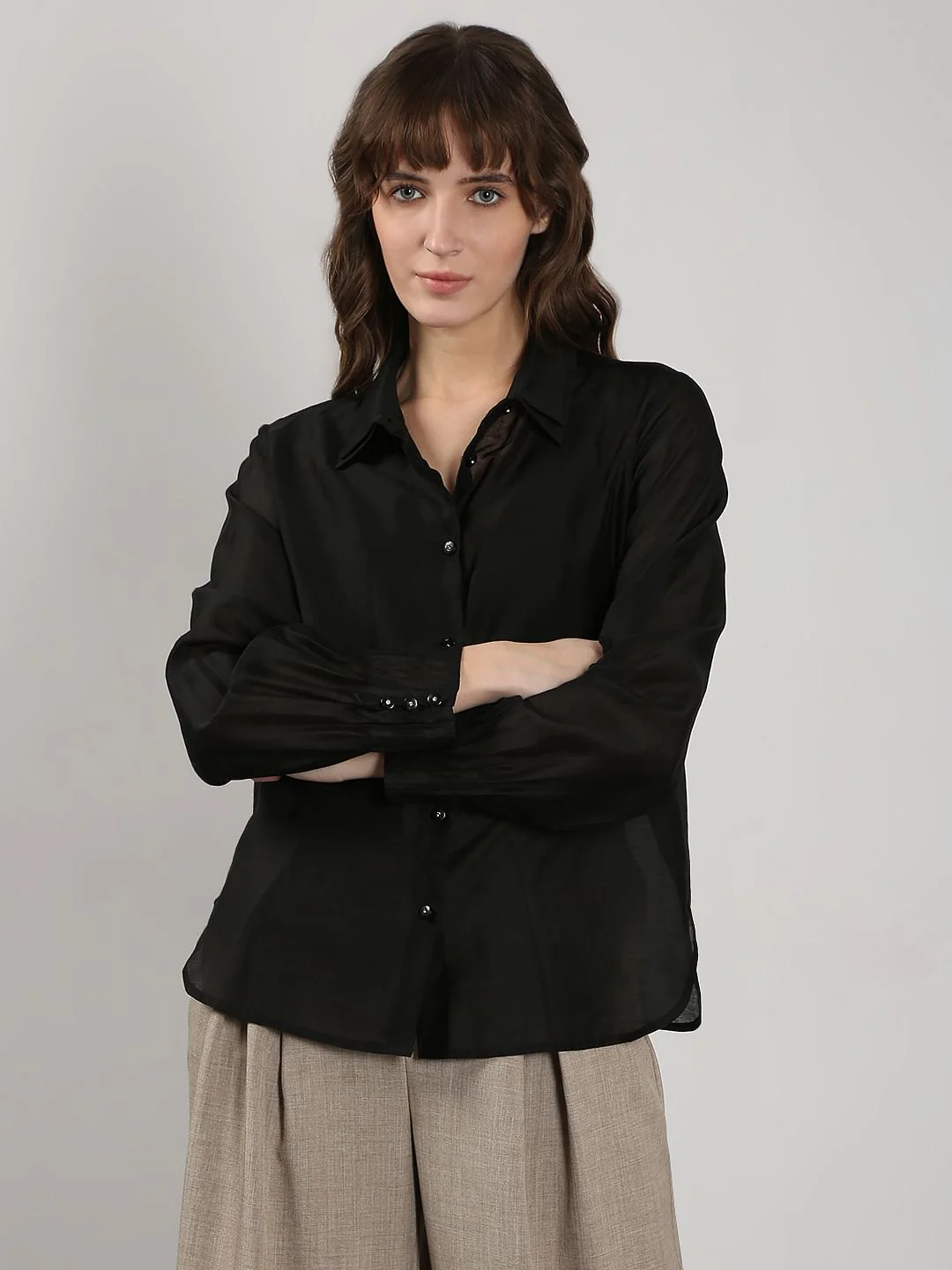 Black Semi Sheer Full Sleeves Shirt - Image 2