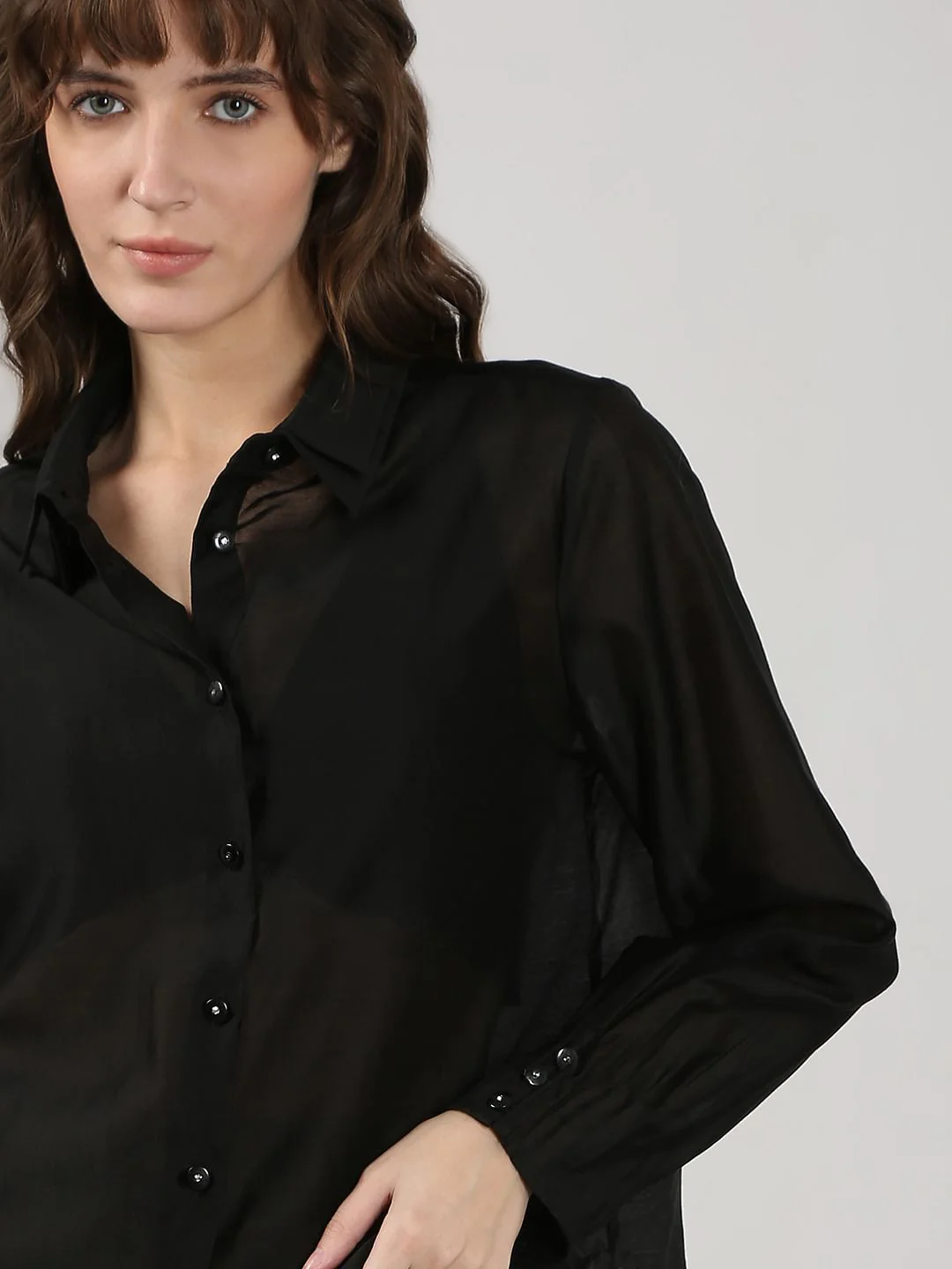 Black Semi Sheer Full Sleeves Shirt - Image 6