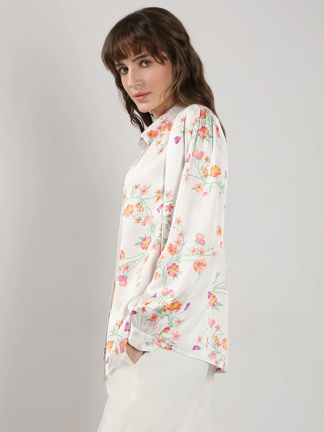 White Floral Printed Shirt - Image 3