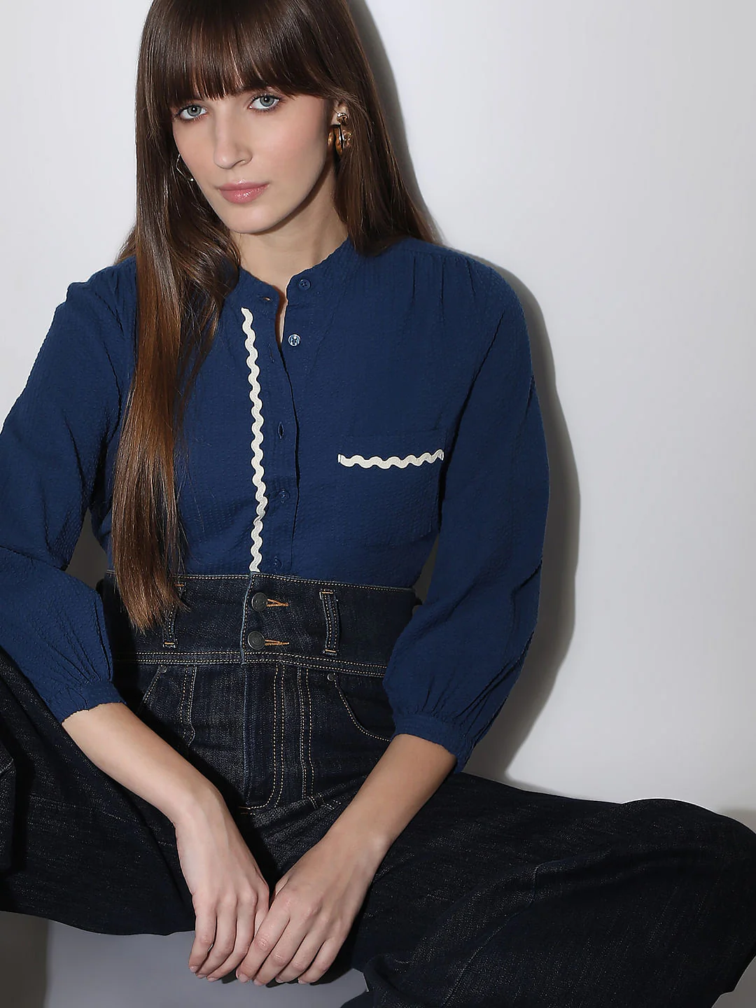 Blue Lace Trim Cotton Shirt