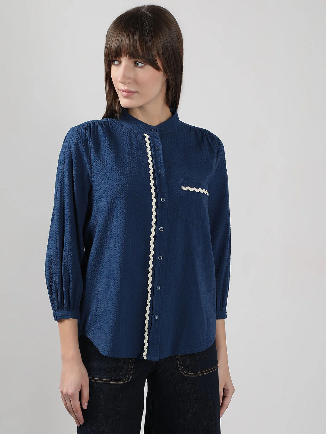 Blue Lace Trim Cotton Shirt - Image 2