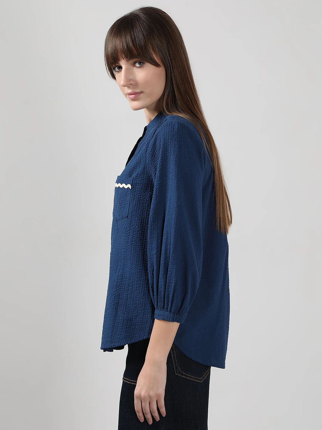 Blue Lace Trim Cotton Shirt - Image 3