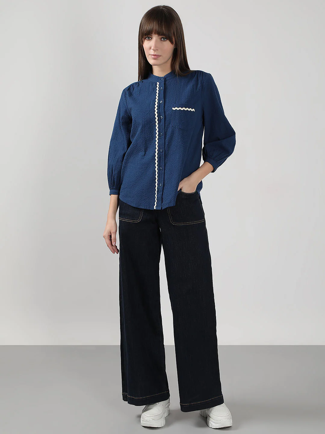 Blue Lace Trim Cotton Shirt - Image 5
