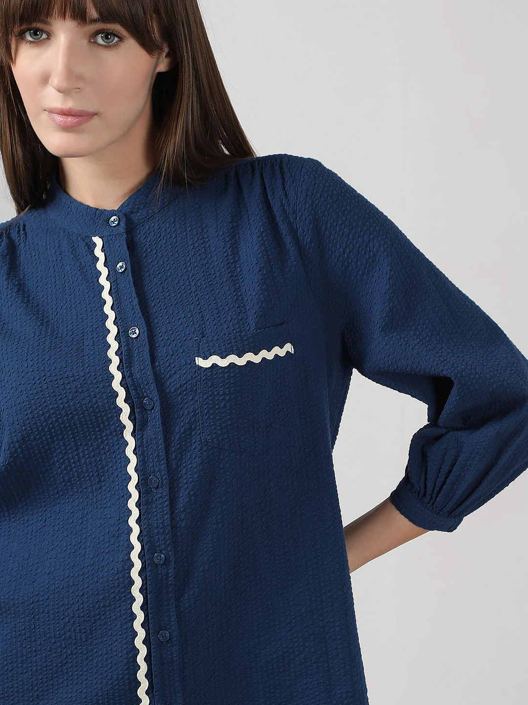 Blue Lace Trim Cotton Shirt - Image 6