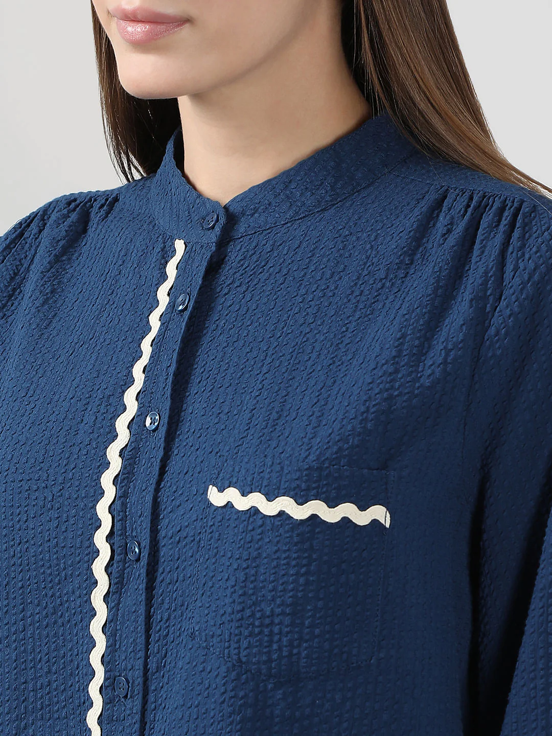 Blue Lace Trim Cotton Shirt - Image 8