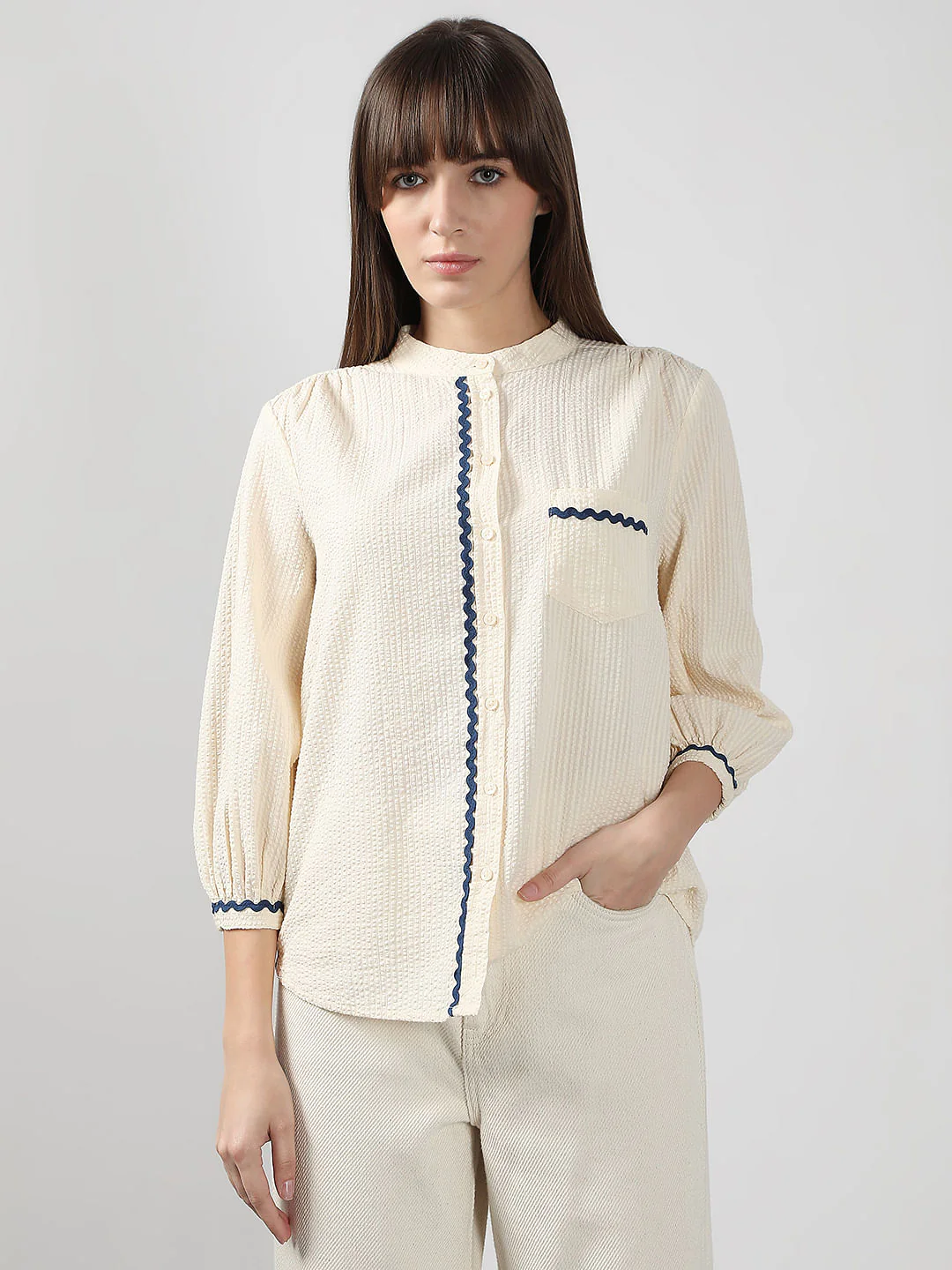 Ecru Lace Trim Cotton Shirt - Image 2
