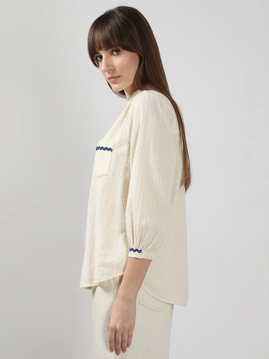 Ecru Lace Trim Cotton Shirt - Image 3
