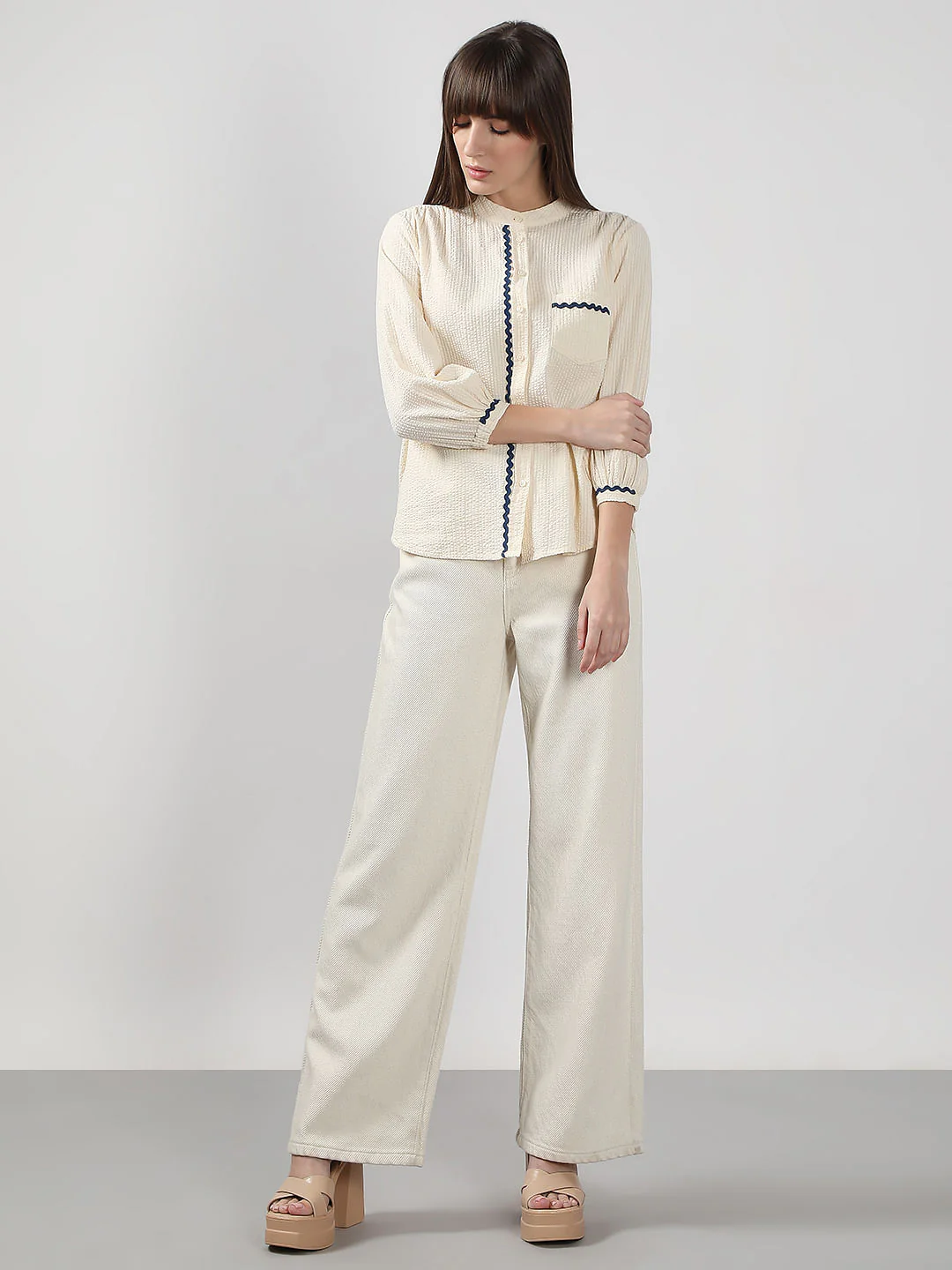 Ecru Lace Trim Cotton Shirt - Image 5