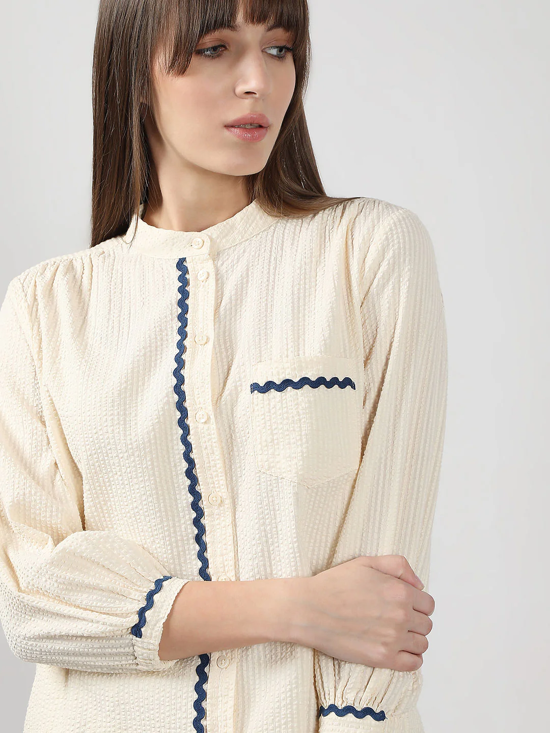 Ecru Lace Trim Cotton Shirt - Image 6