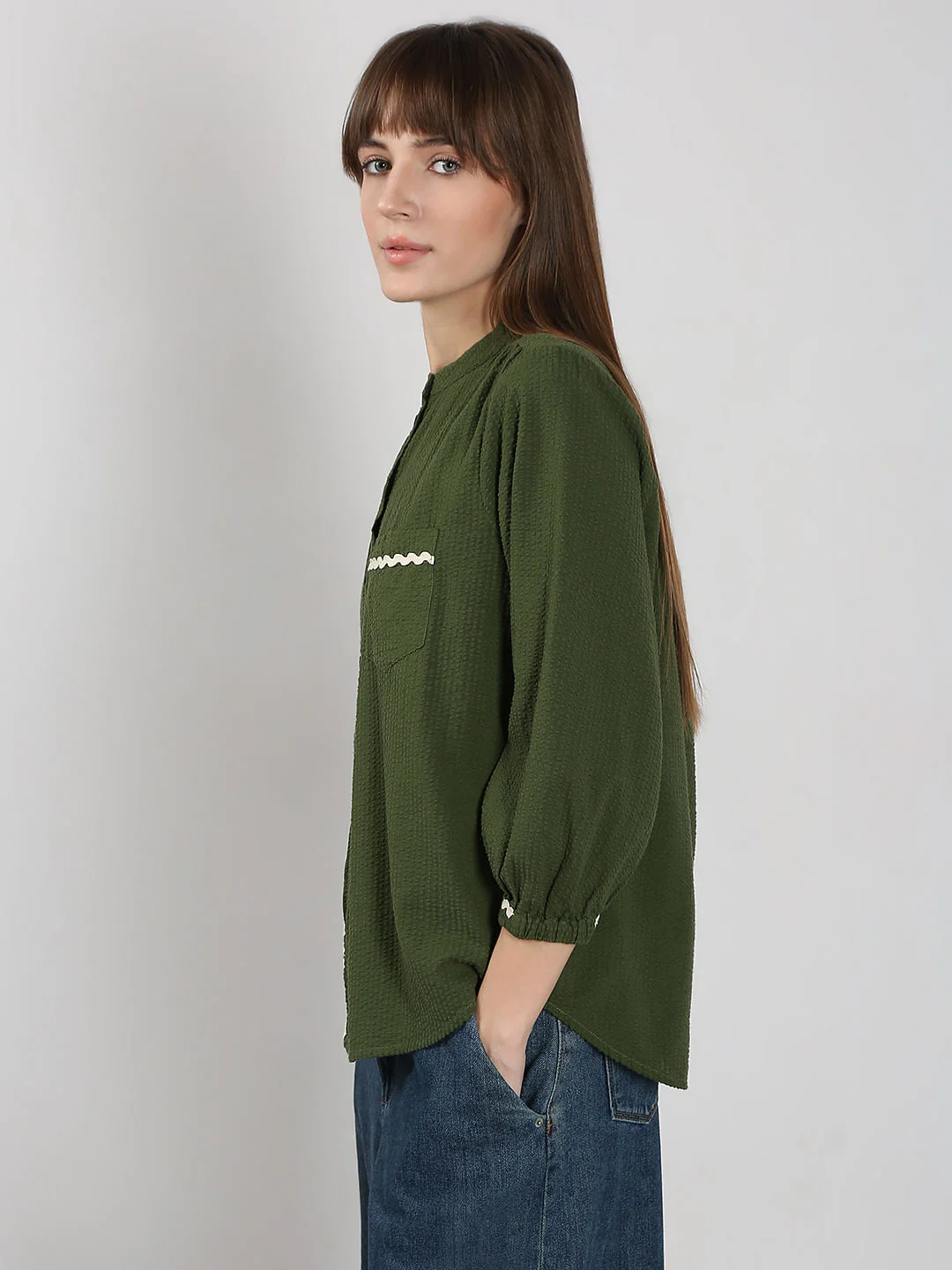 Dark Green Lace Trim Cotton Shirt - Image 3