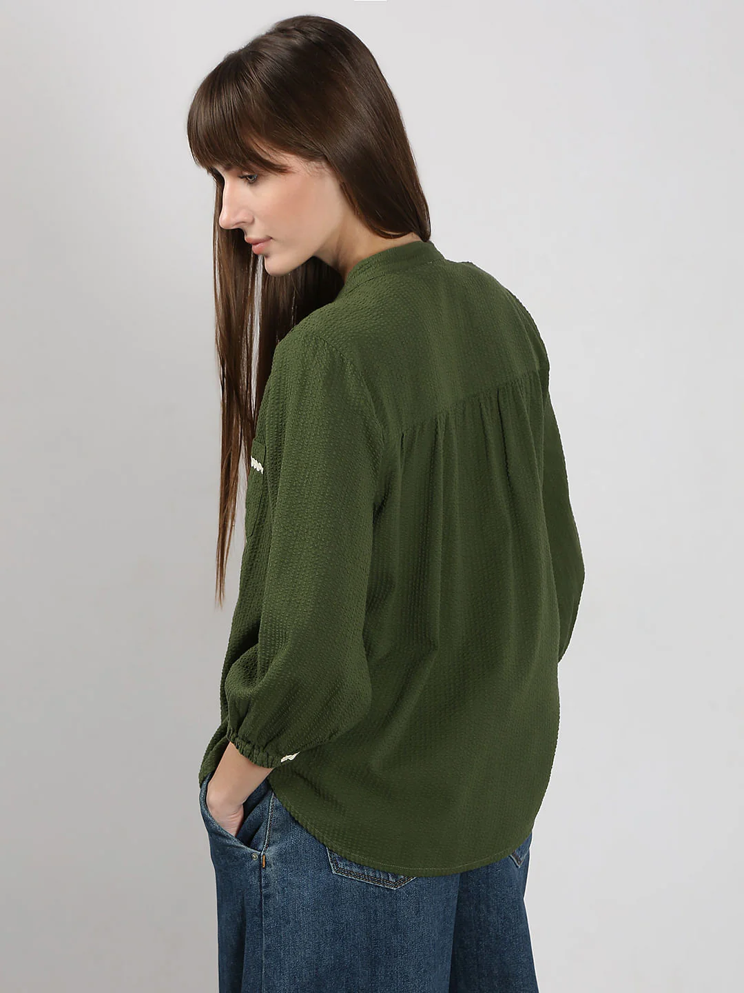 Dark Green Lace Trim Cotton Shirt - Image 4