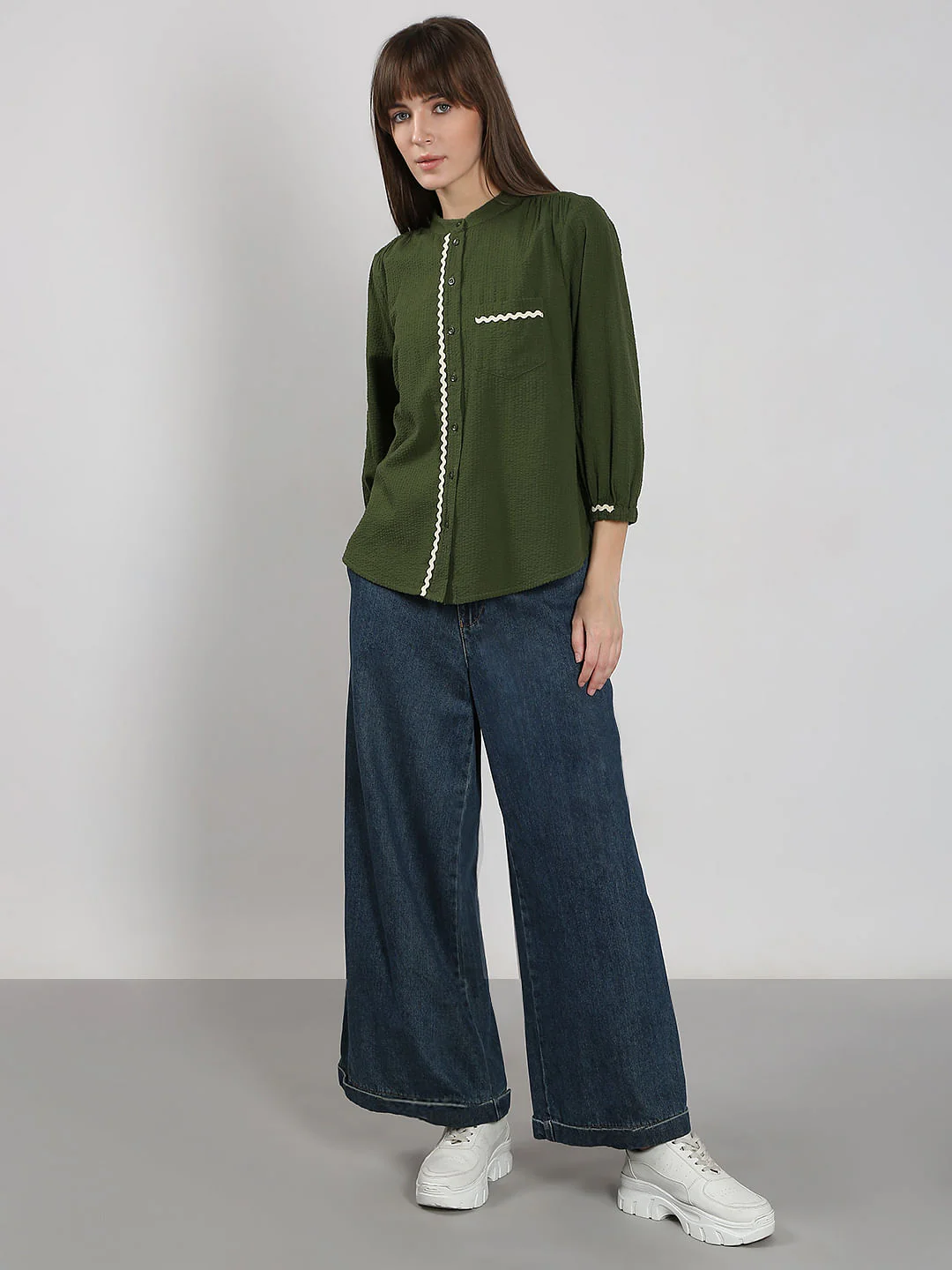 Dark Green Lace Trim Cotton Shirt - Image 5