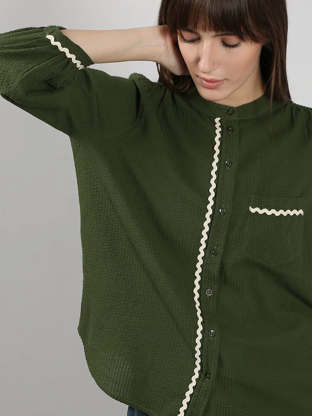 Dark Green Lace Trim Cotton Shirt - Image 6