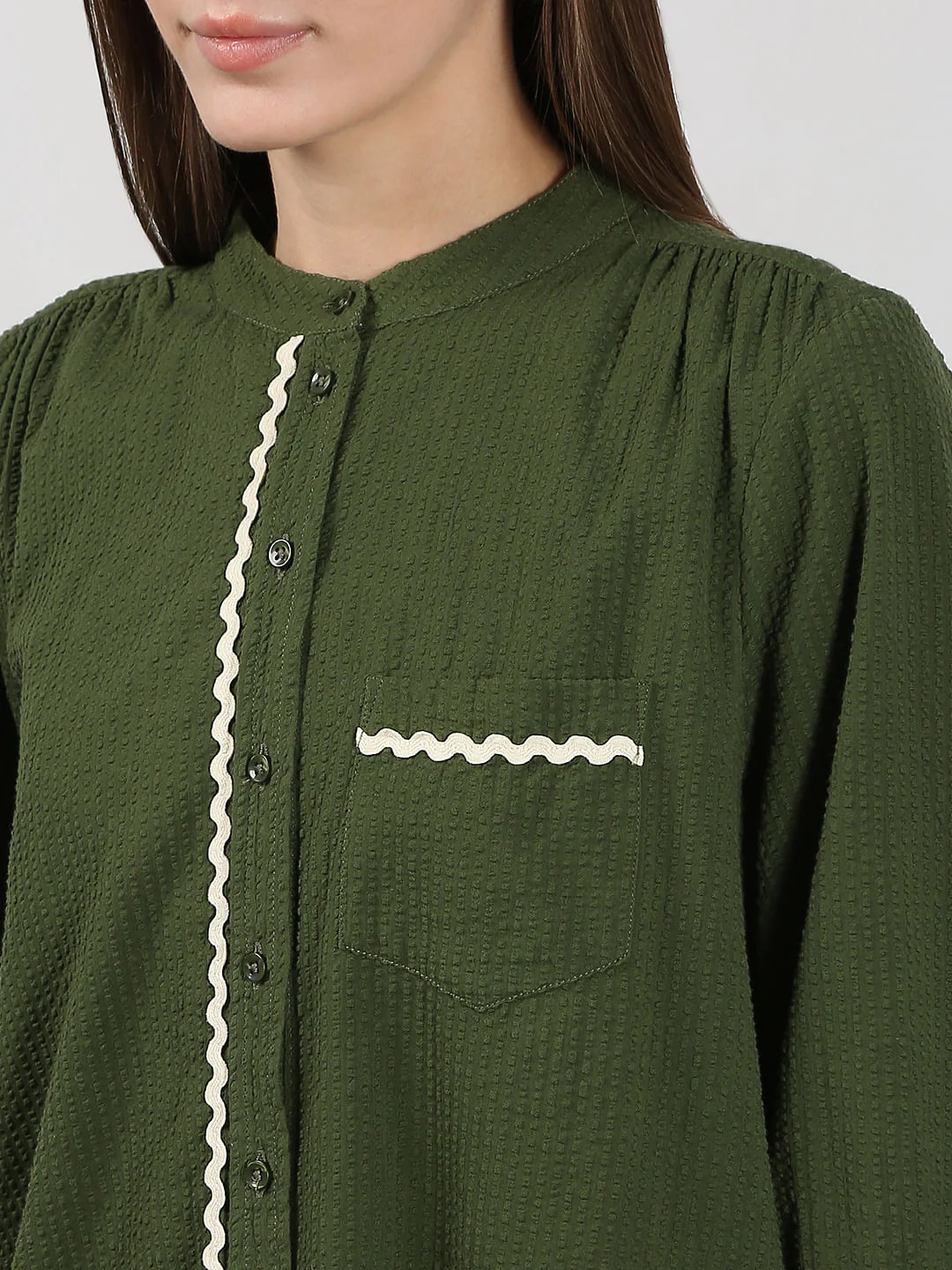 Dark Green Lace Trim Cotton Shirt - Image 8