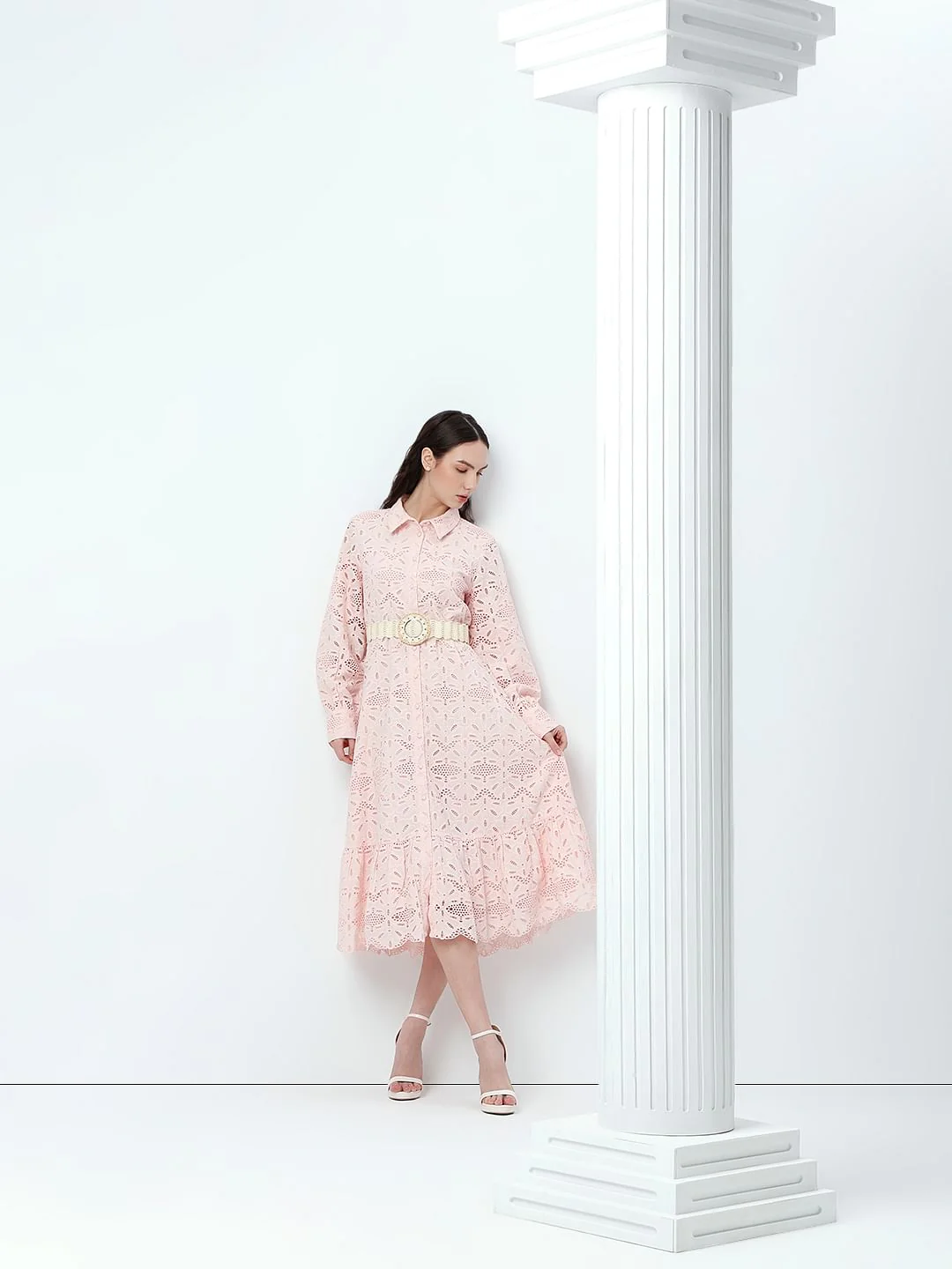 Light Pink Schiffli Midi Shirt Dress - Image 2