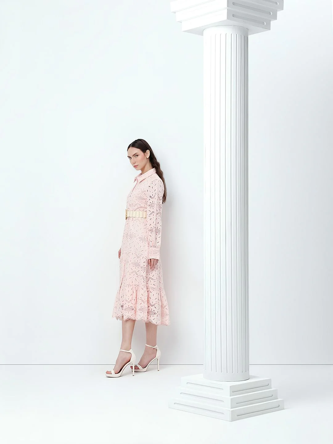 Light Pink Schiffli Midi Shirt Dress - Image 3