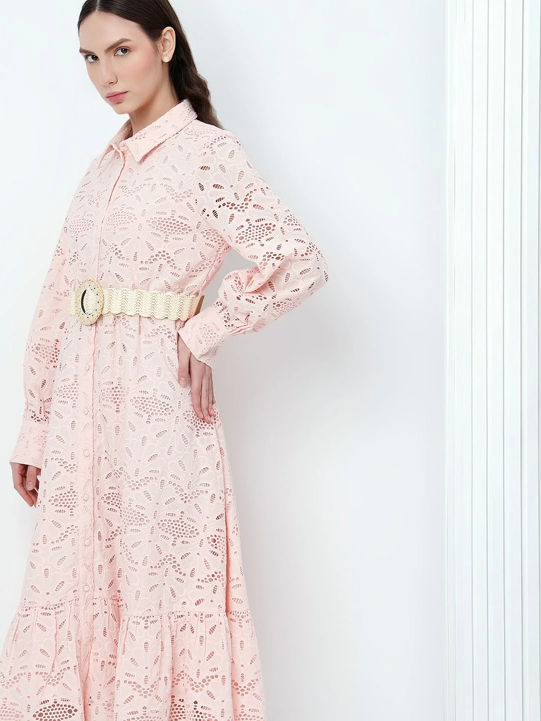 Light Pink Schiffli Midi Shirt Dress - Image 5