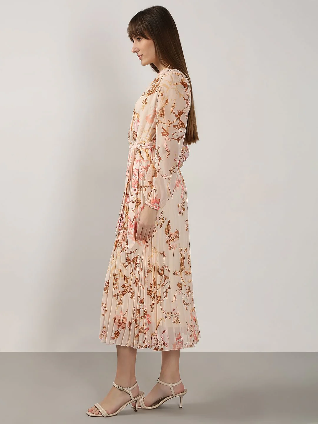 Beige Printed Pleated Midaxi Dress - Image 3
