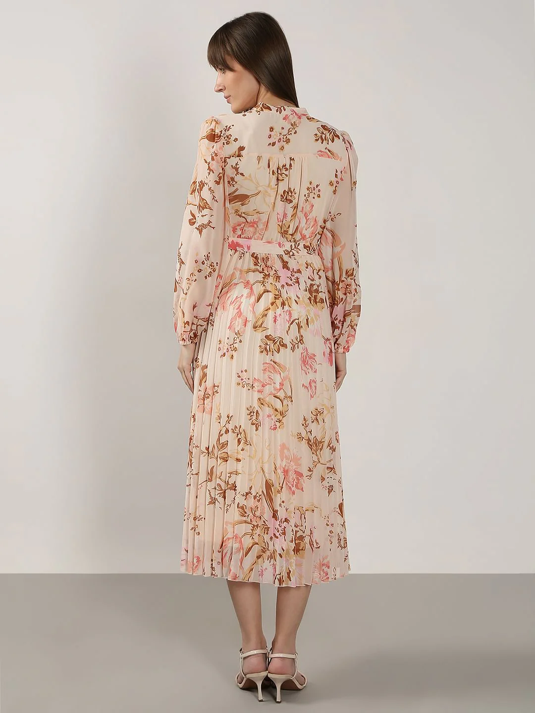 Beige Printed Pleated Midaxi Dress - Image 4