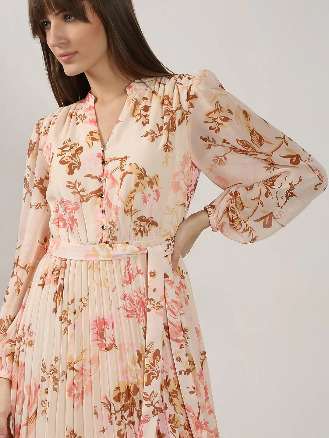 Beige Printed Pleated Midaxi Dress - Image 5