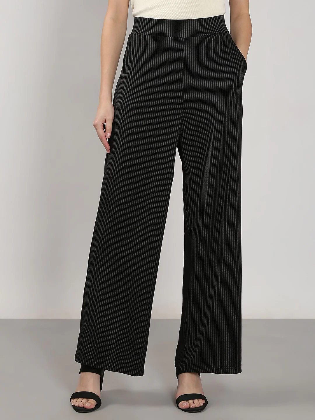 Black High Rise Striped Flared Pants - Image 2