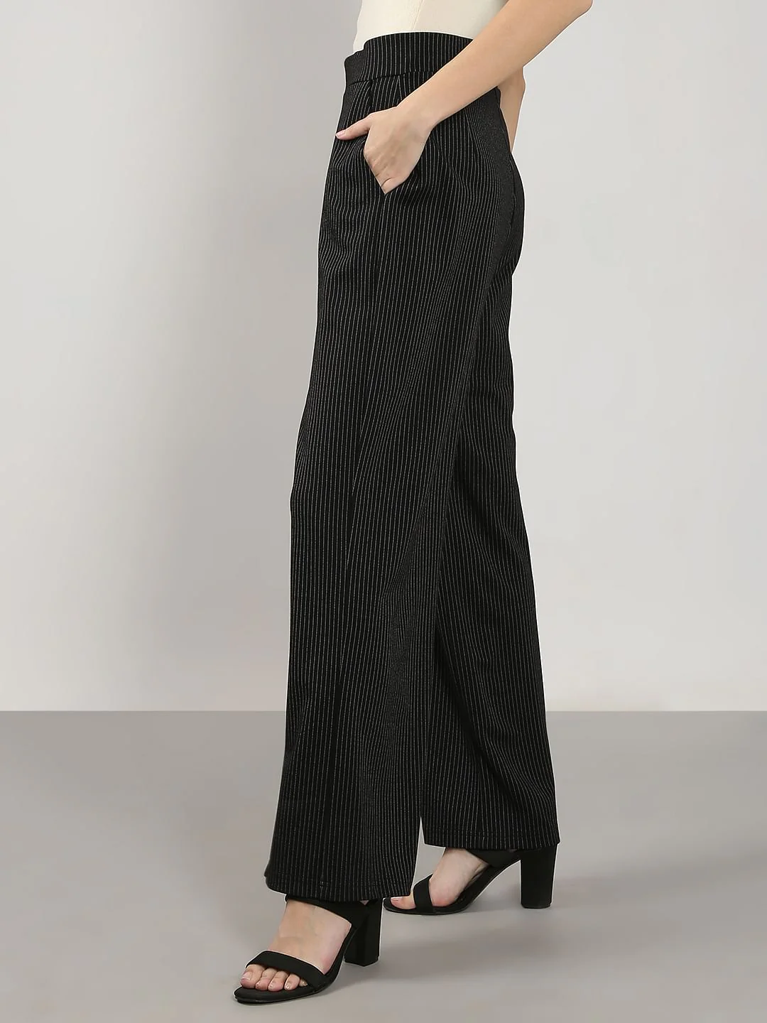 Black High Rise Striped Flared Pants - Image 3