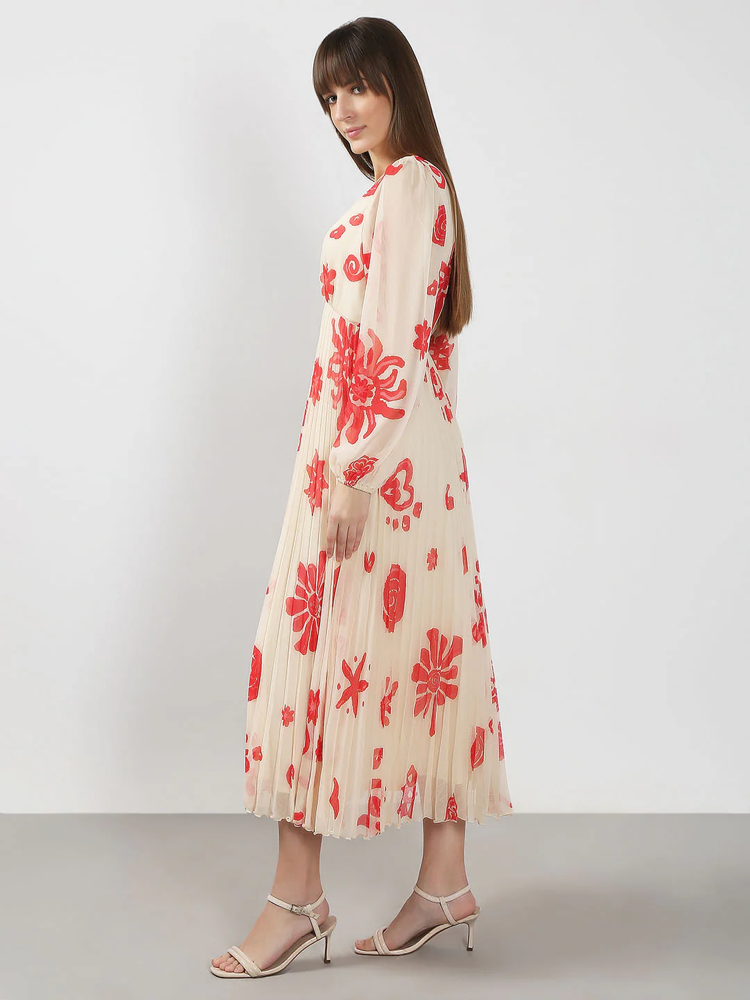 Beige Printed Pleated Midi Dress - Image 3