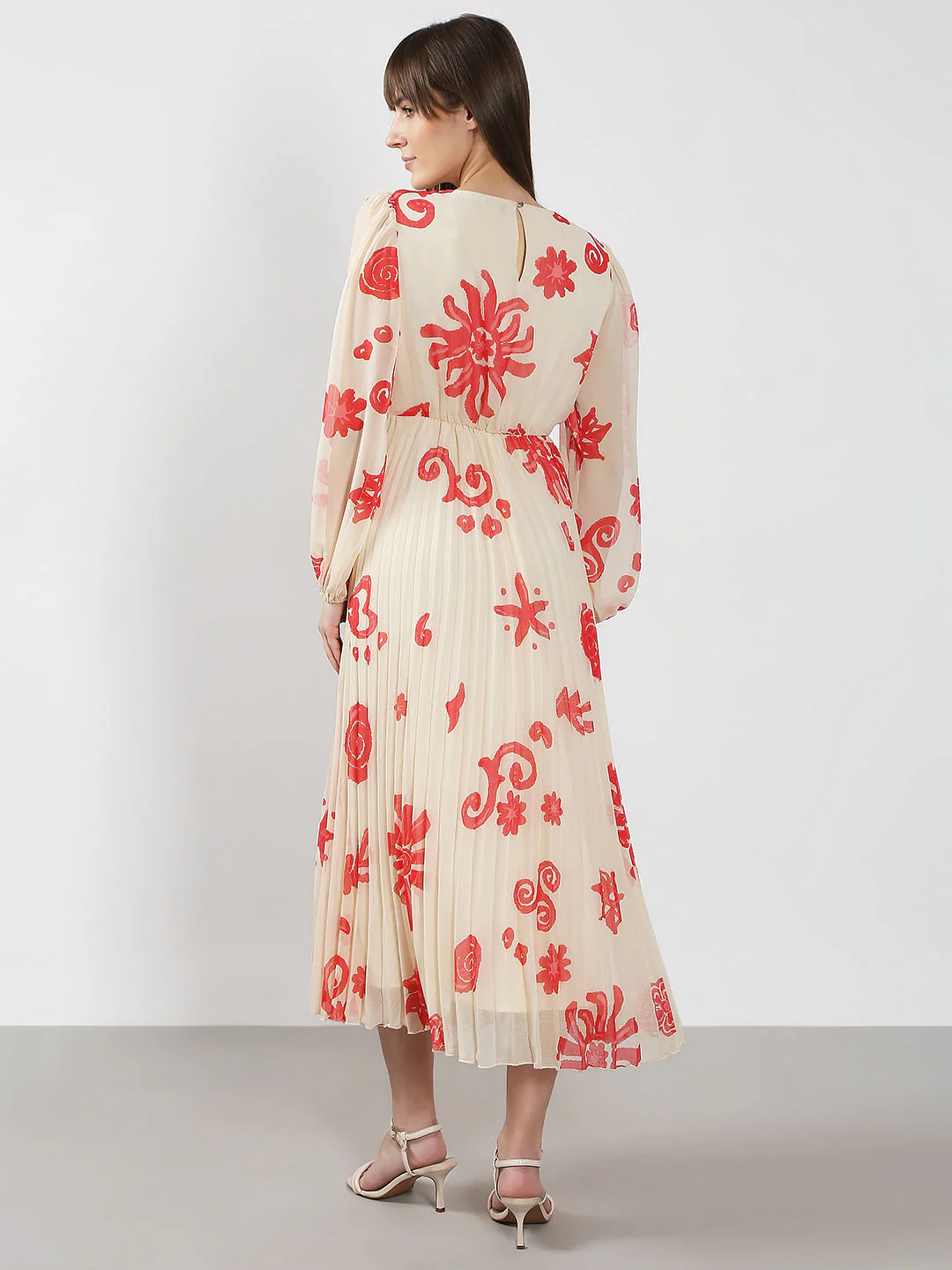 Beige Printed Pleated Midi Dress - Image 4