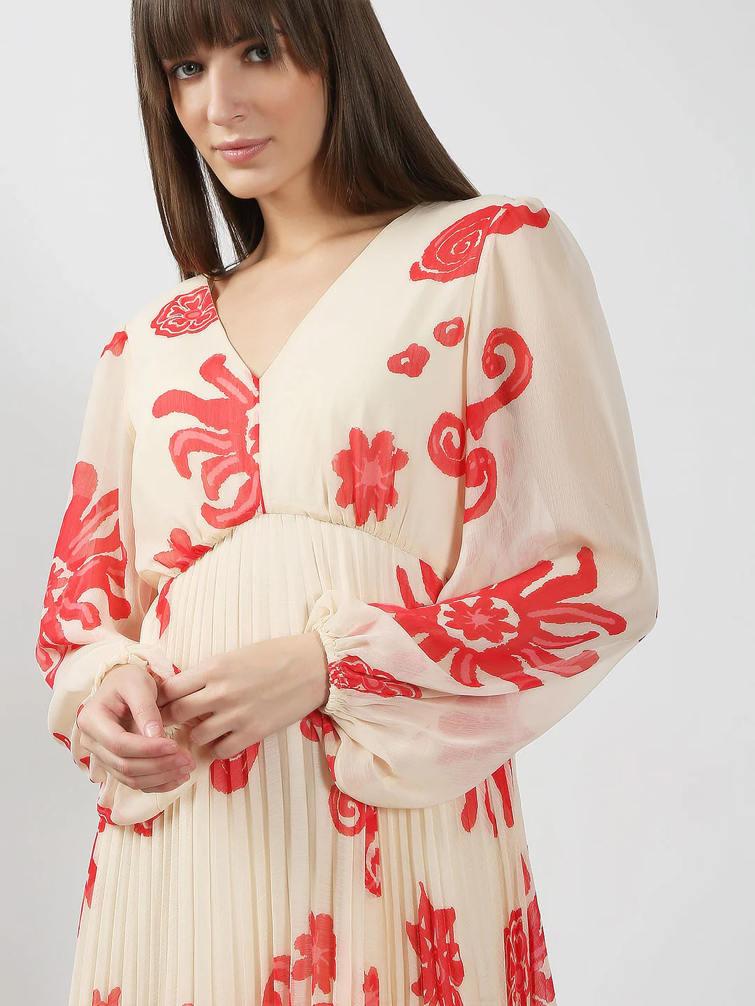 Beige Printed Pleated Midi Dress - Image 5