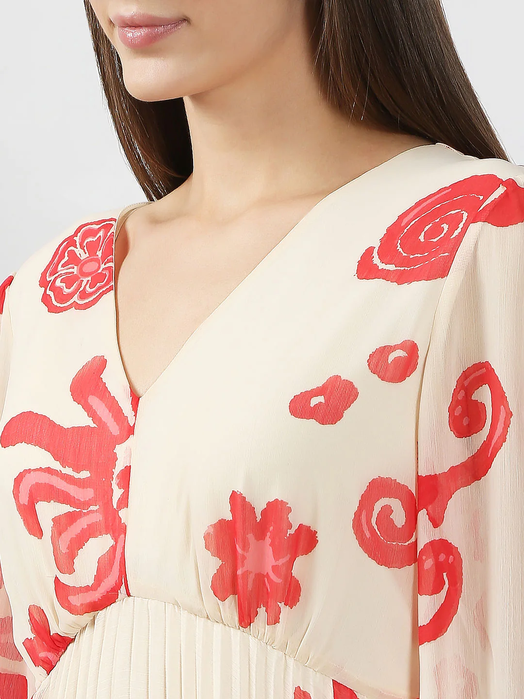 Beige Printed Pleated Midi Dress - Image 6