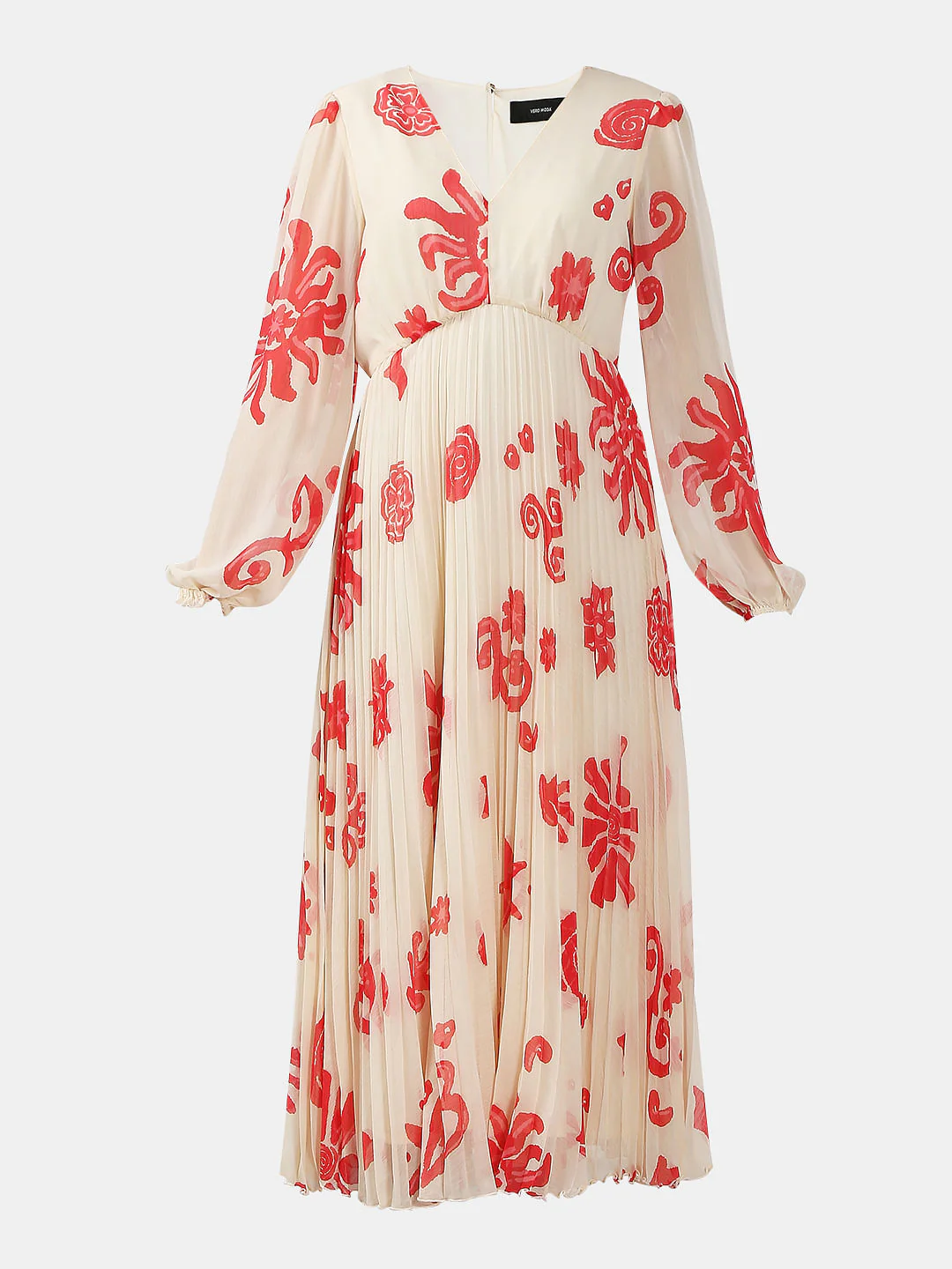 Beige Printed Pleated Midi Dress - Image 7