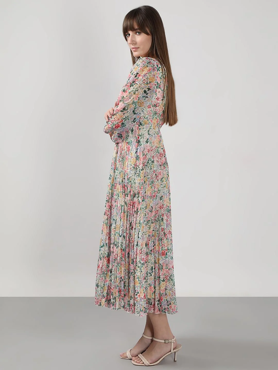 Multi-Colour Floral Pleated Midi Dress - Image 3