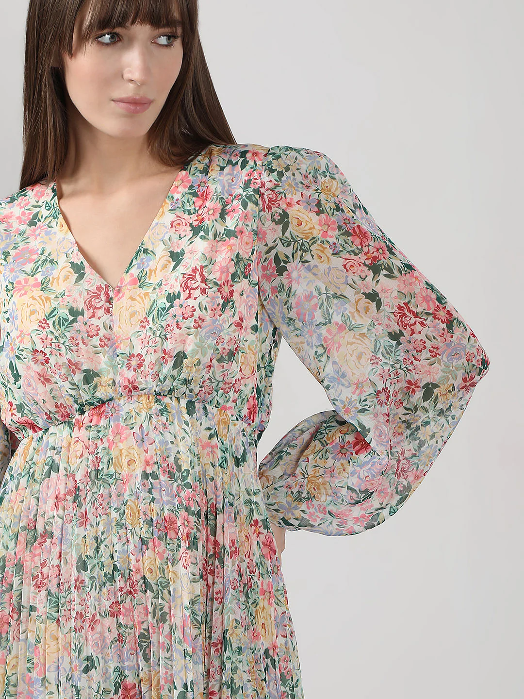 Multi-Colour Floral Pleated Midi Dress - Image 5