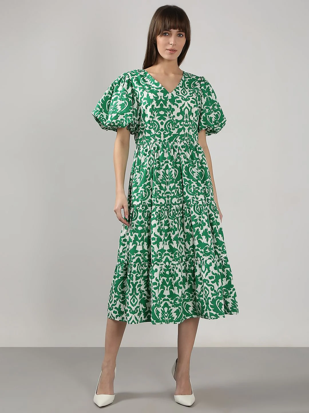 Green Printed Puff Sleeves Midi Dress - Image 2