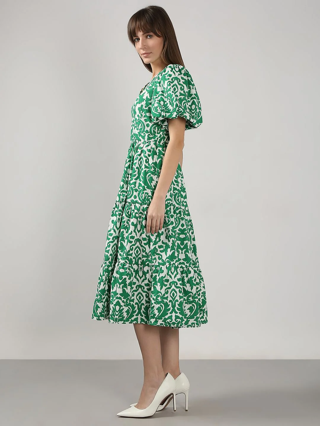 Green Printed Puff Sleeves Midi Dress - Image 3