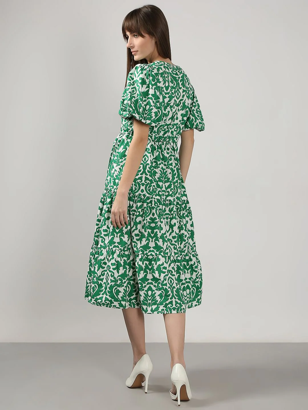 Green Printed Puff Sleeves Midi Dress - Image 4
