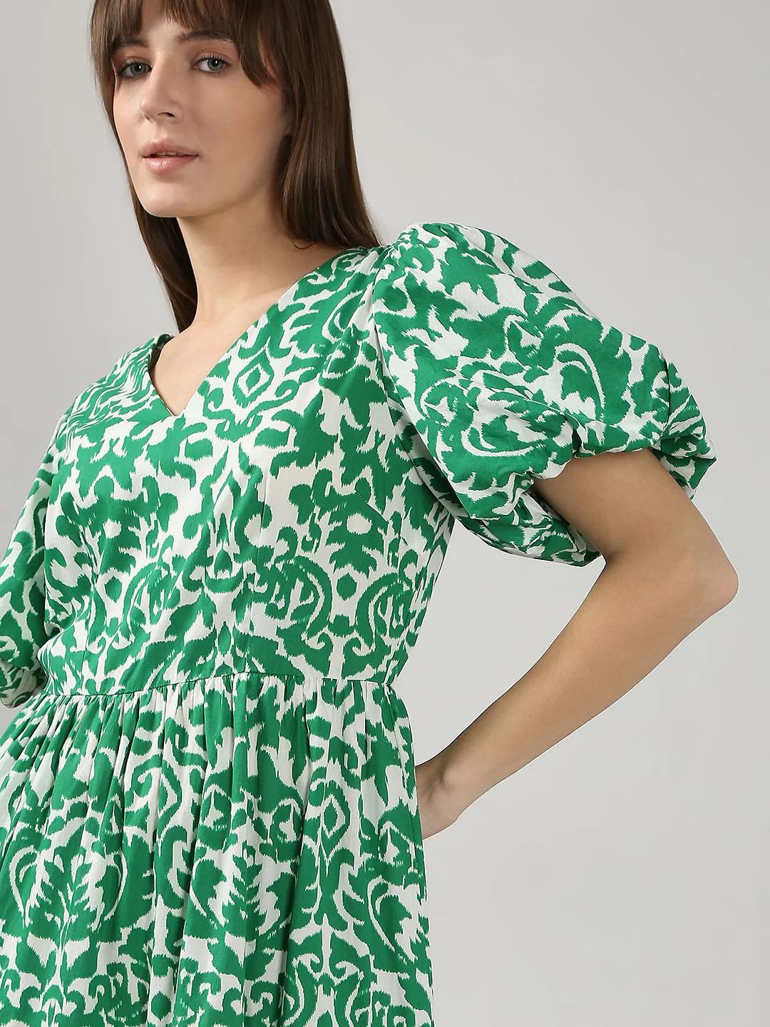 Green Printed Puff Sleeves Midi Dress - Image 5