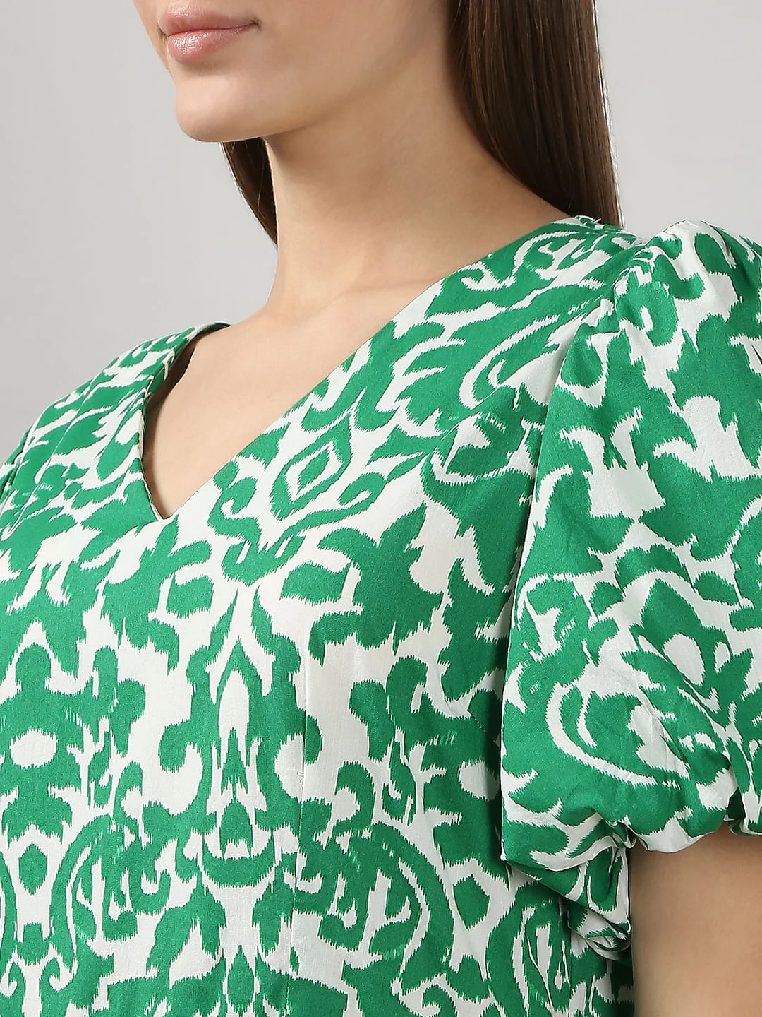 Green Printed Puff Sleeves Midi Dress - Image 6