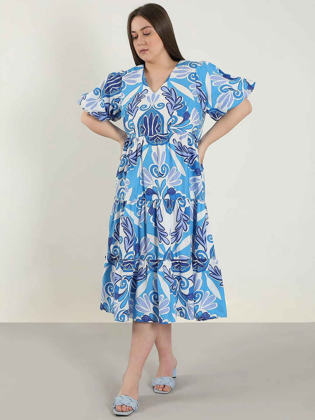 Curve Blue Printed Midi Dress - Image 2