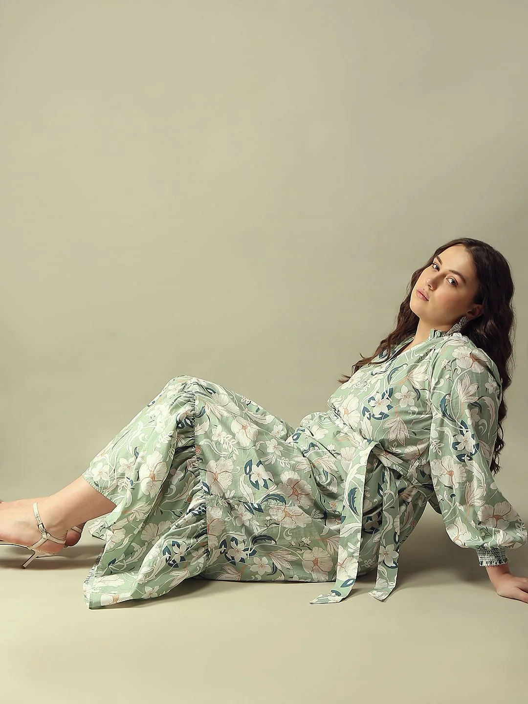 Curve Green Floral Cotton Midi Dress
