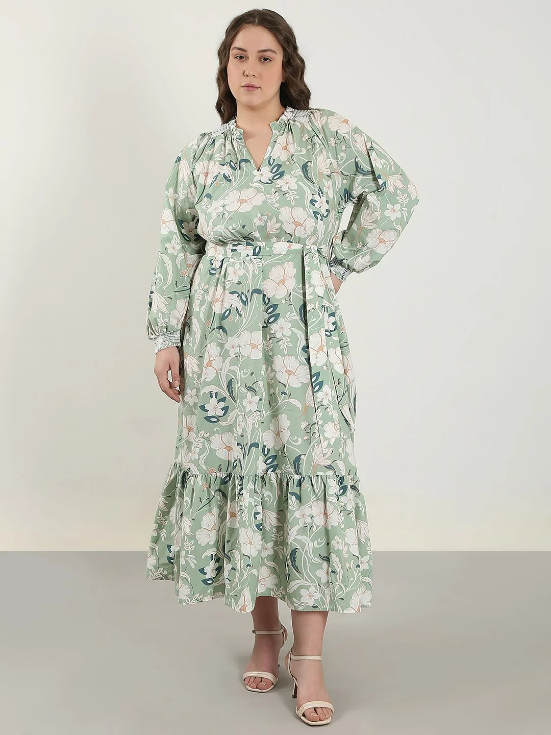 Curve Green Floral Cotton Midi Dress - Image 2
