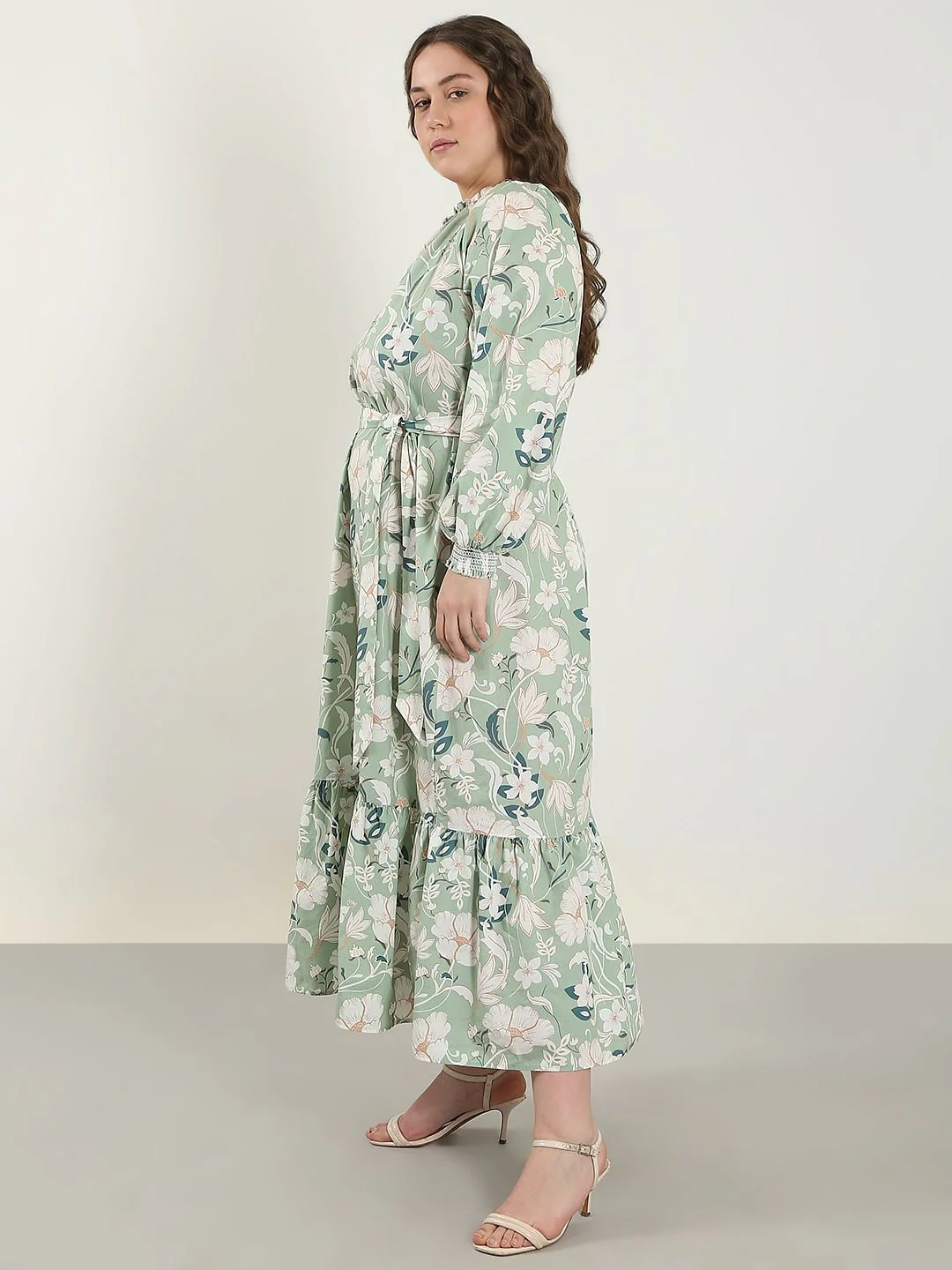Curve Green Floral Cotton Midi Dress - Image 3