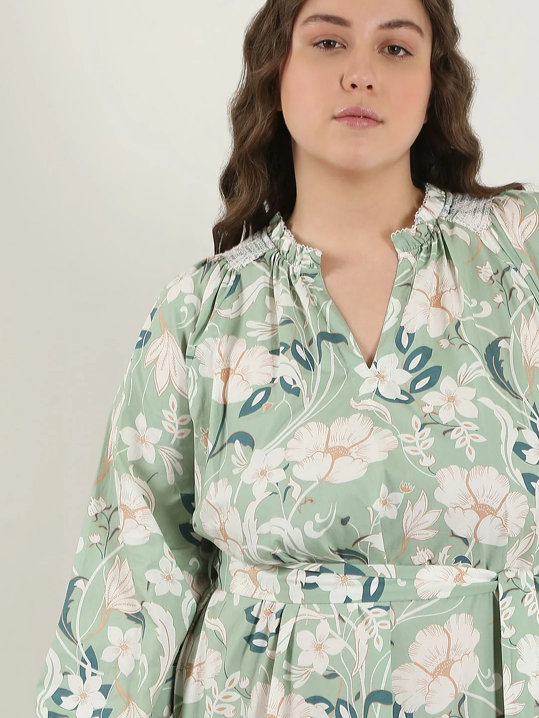 Curve Green Floral Cotton Midi Dress - Image 5