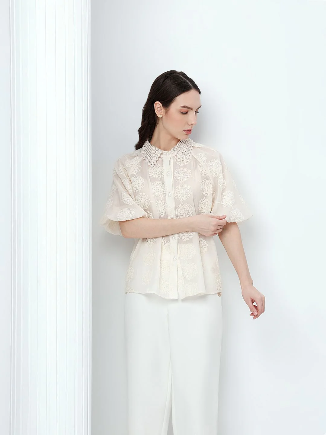 White Embroidered Puff Sleeves Shirt - Image 2