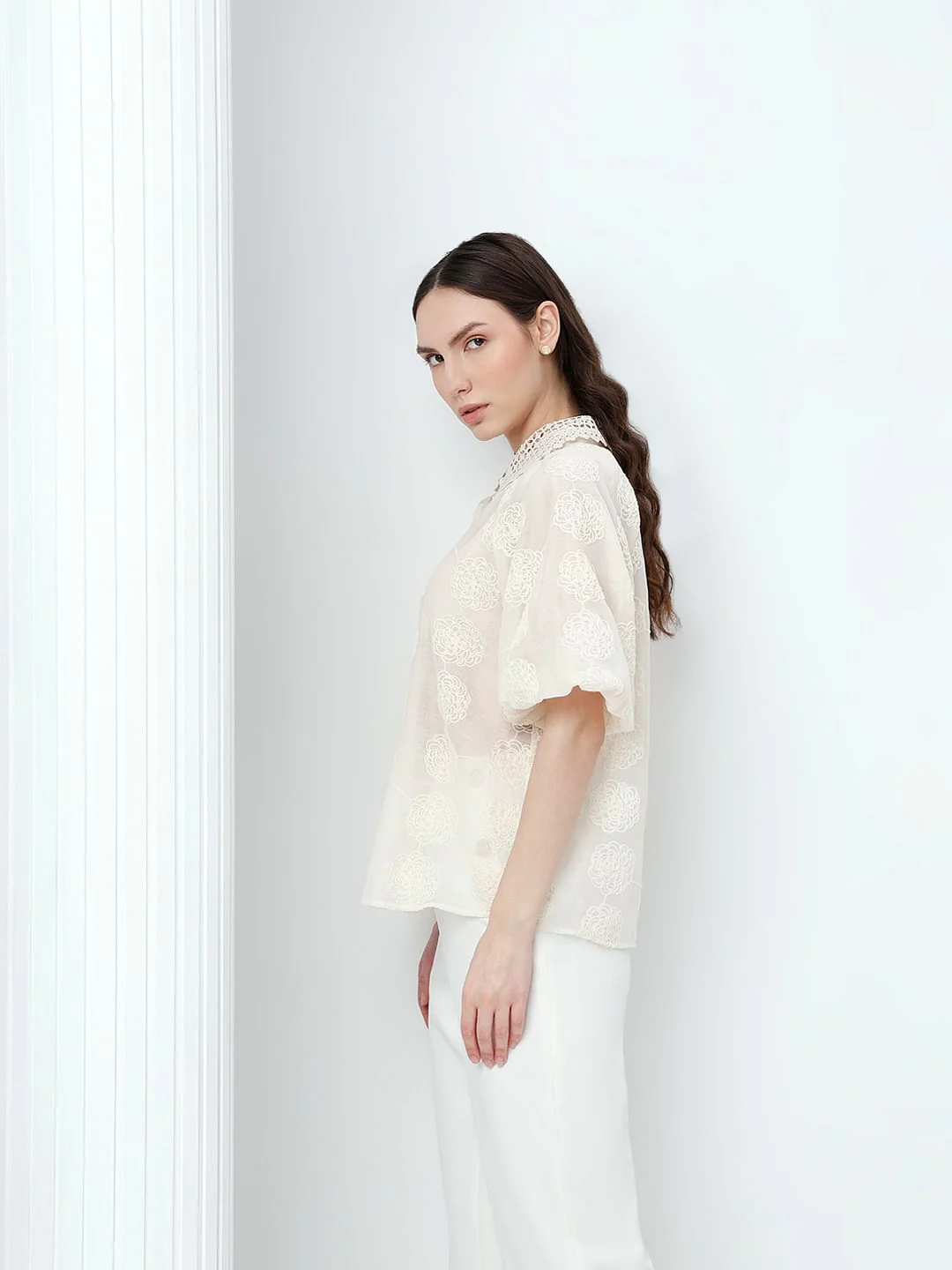 White Embroidered Puff Sleeves Shirt - Image 3