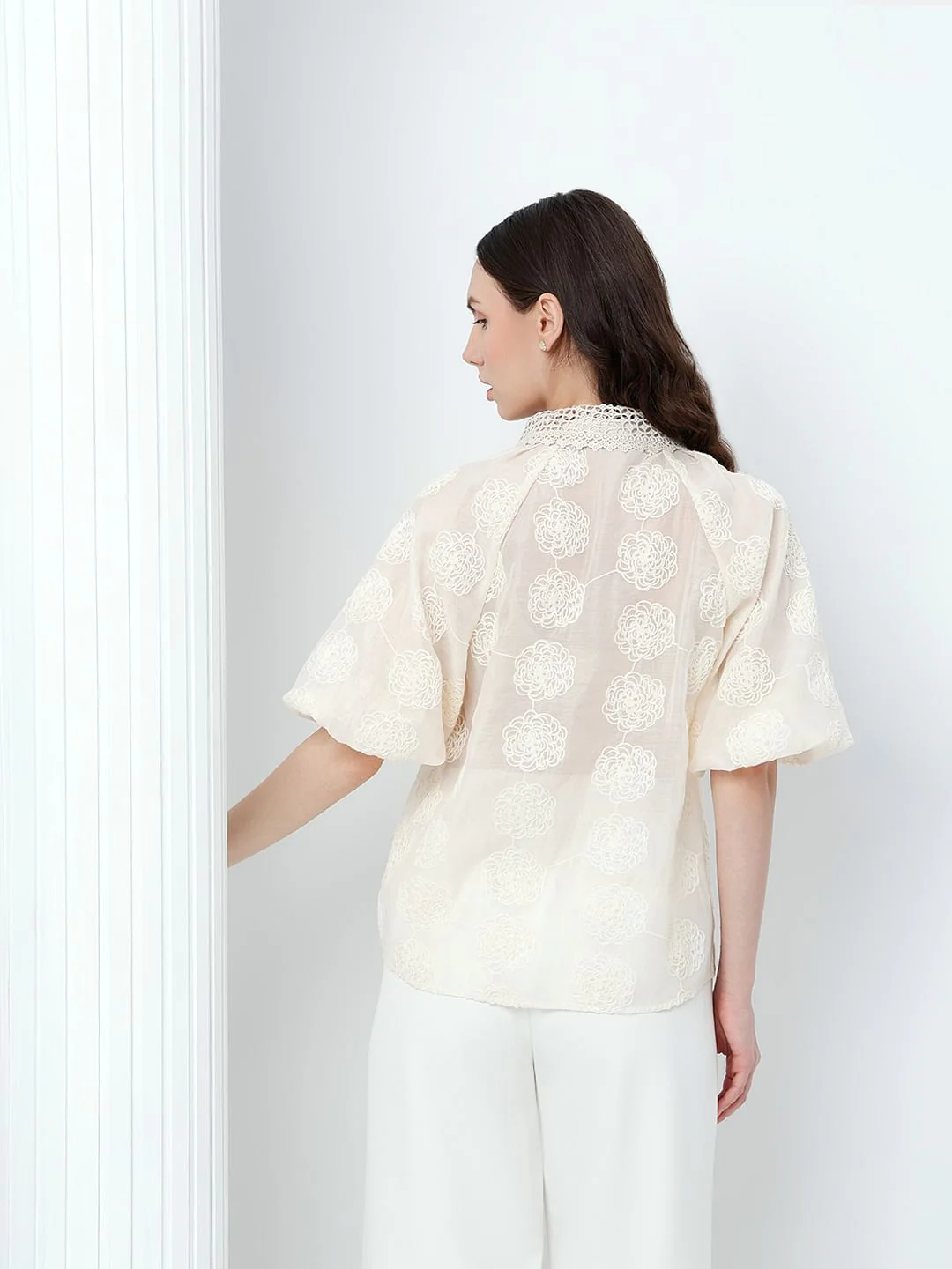 White Embroidered Puff Sleeves Shirt - Image 4