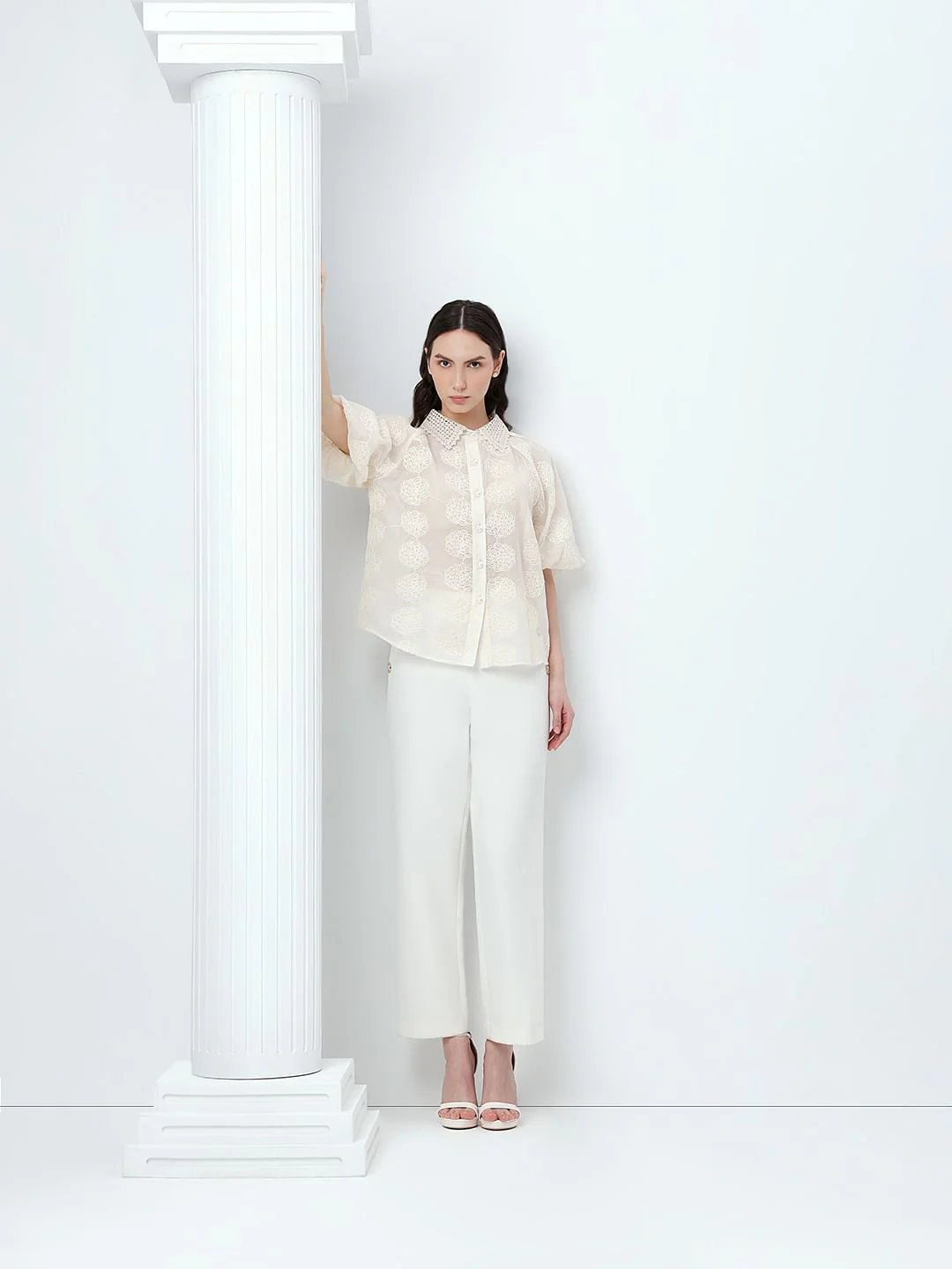 White Embroidered Puff Sleeves Shirt - Image 5