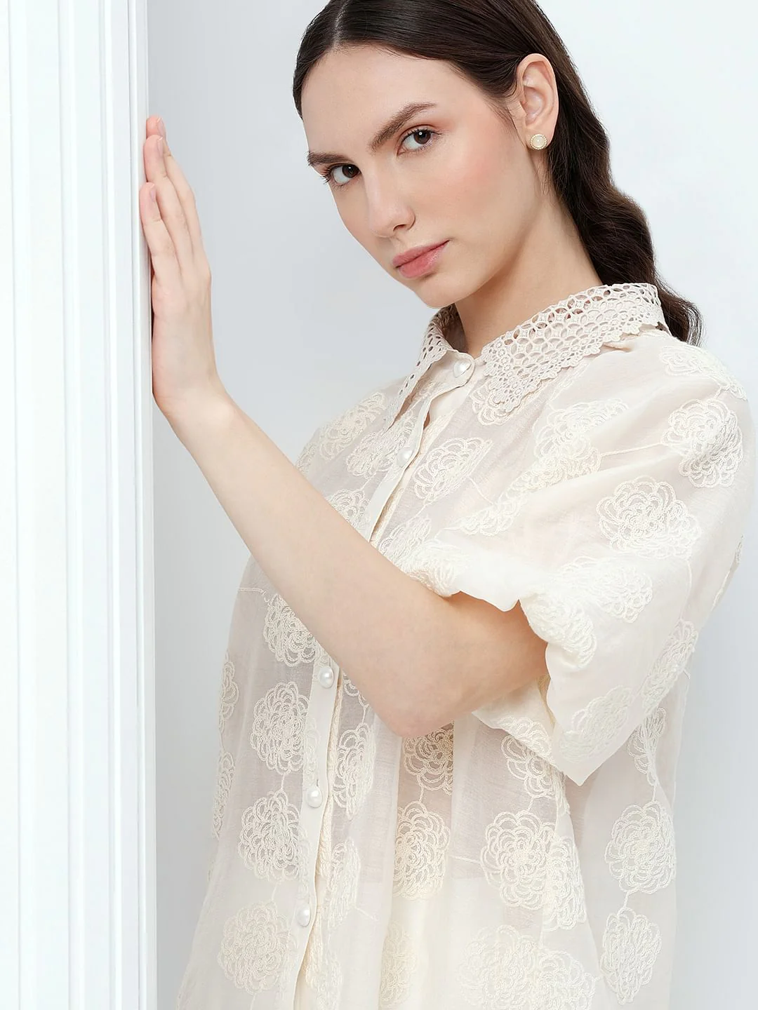 White Embroidered Puff Sleeves Shirt - Image 6