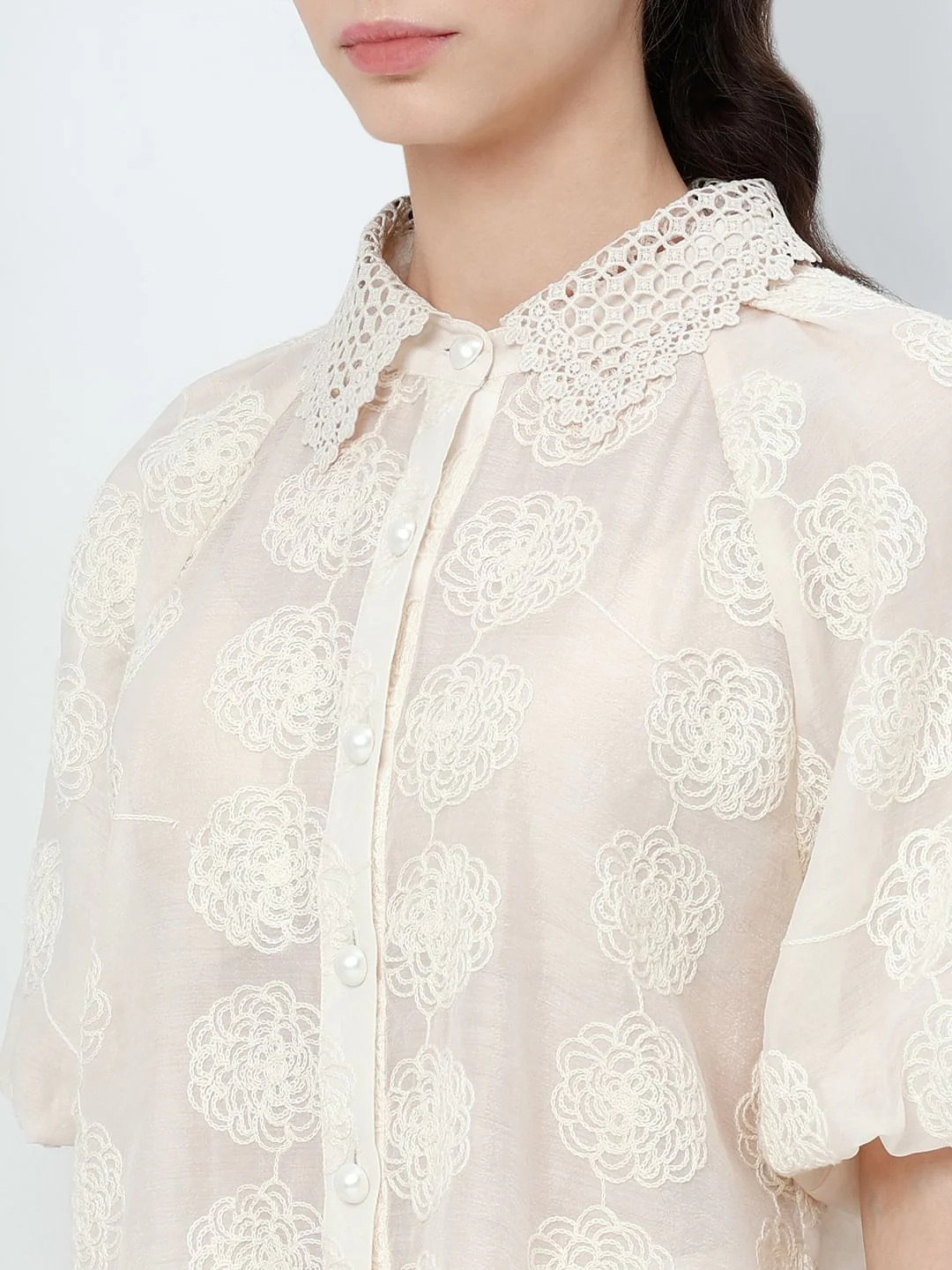White Embroidered Puff Sleeves Shirt - Image 8