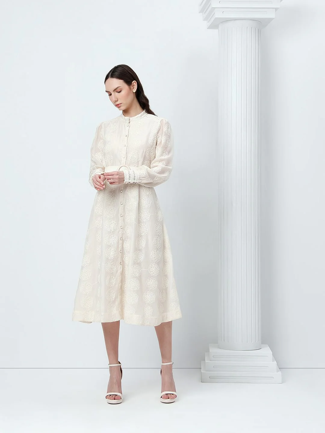 White Embroidered Cuffed Sleeves Dress - Image 2
